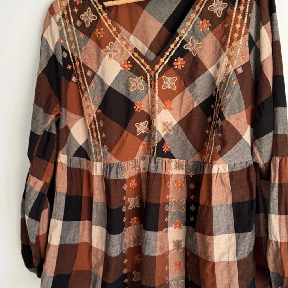 Savanna Jane Embroidered Plaid Peasant Tunic Top Sz 1X Boho Rustic Cottagecore - Picture 4 of 9